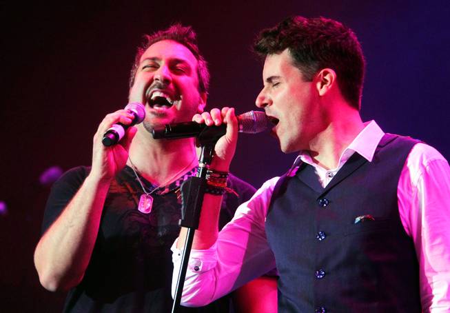 Joey Fatone, left, performs with Frankie Moreno during his 100th show at the Stratosphere on Wednesday, June 13, 2012.