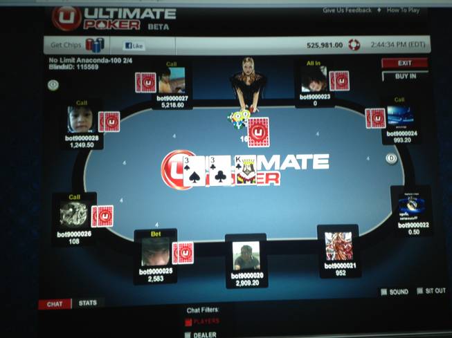 A screen shot of the new Ultimate Poker game being launched on Facebook Friday, June 22, 2012, by Las Vegas company Fertitta Interactive as seen demonstrated on Tuesday, June 19, 2012.