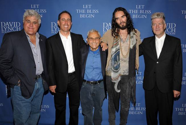 Jay Leno, Jerry Seinfeld, George Shapiro, Russell Brand and David Lynch arrive at "David Lynch Foundation: A Night of Comedy" honoring Shapiro at the Beverly Wilshire Hotel on Saturday, June 30, 2012, in Beverly Hills, Calif. 