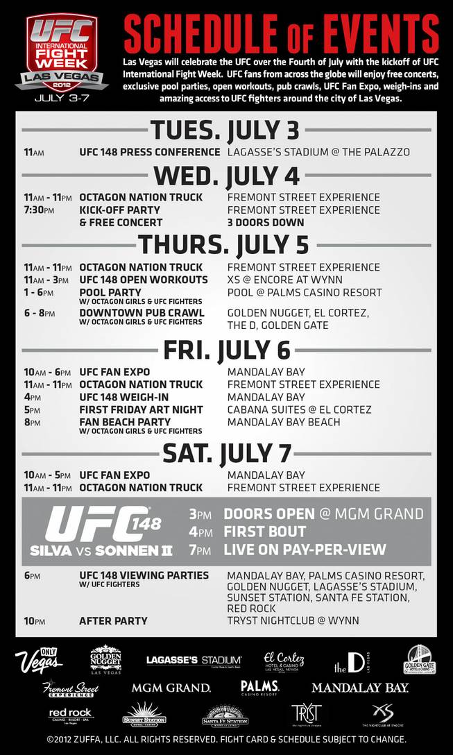 A schedule of events for International Fight Week based around UFC 148