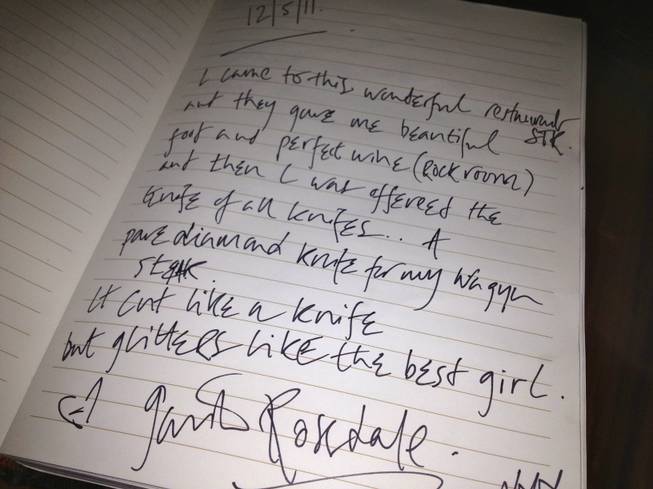 Celebrities using the bejeweled steak knives at STK also sign a notebook at the restaurant, such as this note left by Bush frontman Gavin Rossdale last year. Jason of Beverly Hills unveiled a new steak knife covered with sapphires for the STK steak house at the Cosmopolitan on July 2, 2012.  The knife will be offered for celebrities and VIPs dining at the Las Vegas restaurant.