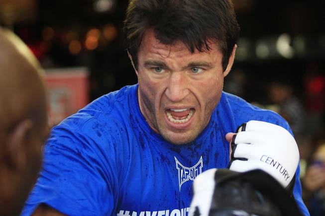 Middleweight challenger Chael Sonnen boxes during a news conference and media work out Thursday, July 5, 2012 in advance of UFC 148.
