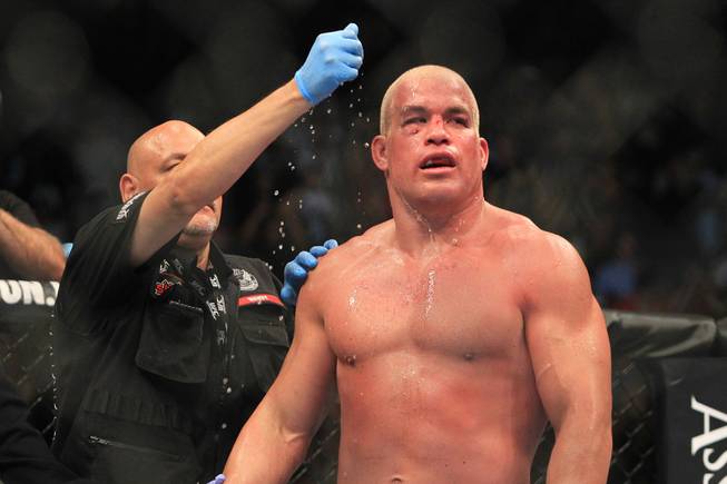 Tito Ortiz gets watered down during his light heavyweight fight against Forrest Griffin at UFC 148 Saturday, July 7, 2012 at the MGM Grand Garden Arena. Griffin won a unanimous decision in what was Ortiz's retirement fight.