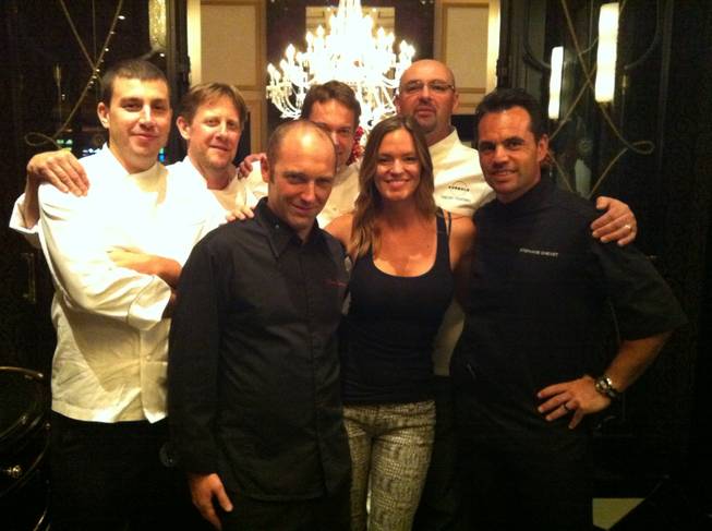As part of Bastille Day, six Strip chefs from the MGM Grand and Mandalay Bay will compete in a food truck cook-off on Saturday at Tommy Rocker's parking lot. Pictured, from left, are Chef Bruno Riou, Chef Laurent Pillard, Chef Steve Benjamin, Chef Claude Le-Tohic, host Jolene Mannina, Chef Vincent Pouessel and Chef Stephane Chevet. 