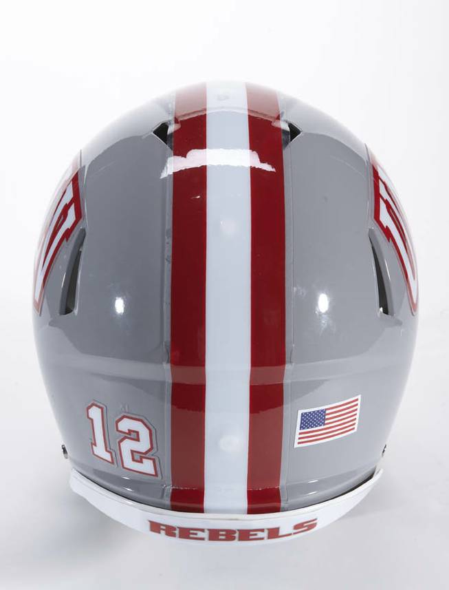 A rear view of UNLV's 2012 football helmet.
