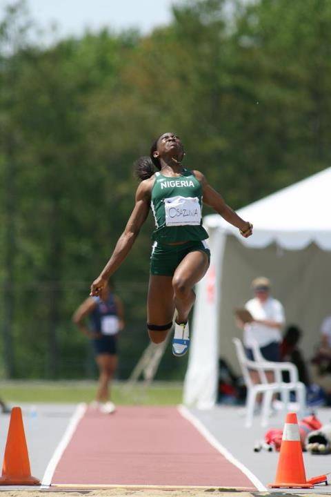 Uhunoma Osazuwa, a 2006 Clark High grad, competes in the long jump for Nigeria at a recent track and field event. Osazuwa owns the Nigerian national record in the heptathlon and will take part in the seven-event competition at the London Olympics.