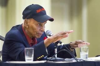 Tuskegee Airman Roscoe C. Brown, Jr. describes shooting down a German jet fighter during World War II . Brown was participating in an International Black Aerospace Council panel discussion at the Las Vegas Hotel Wednesday, August 1, 2012. Brown was the former squadron commander of the 100th Fighter Squadron of the 332nd Fighter Group.