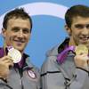 United States' Michael Phelps, right, and United States' Ryan Lochte pose with their medals for the men's 200-meter individual medley swimming final at the Aquatics Centre in the Olympic Park during the 2012 Summer Olympics in London, Thursday, Aug. 2, 2012.  