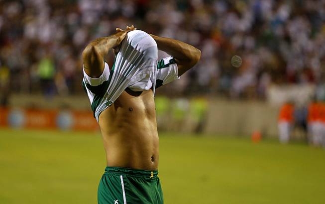 Cristian Suarez of Santos Laguna reacts after missing a goal against Real Madrid during match 7 of the 2012 Herbalife World Football Challenge at Sam Boyd Stadium on Sunday, Aug. 5, 2012.