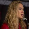 Ronda Rousey speaks at a press conference ahead of her fight against Sarah Kaufman on Aug. 18, 2012 in San Diego.