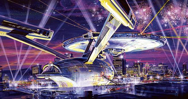 The Starship Enterprise, 1992, is a proposed mega-attraction designed by Landmark Entertainment Group with a life-sized ship as long as the Eiffel Tower, in permanent dry dock on Fremont Street.