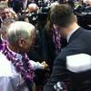 Ron Paul arrives on the floor of the Republican National Convention Tuesday, Aug. 28, 2012.