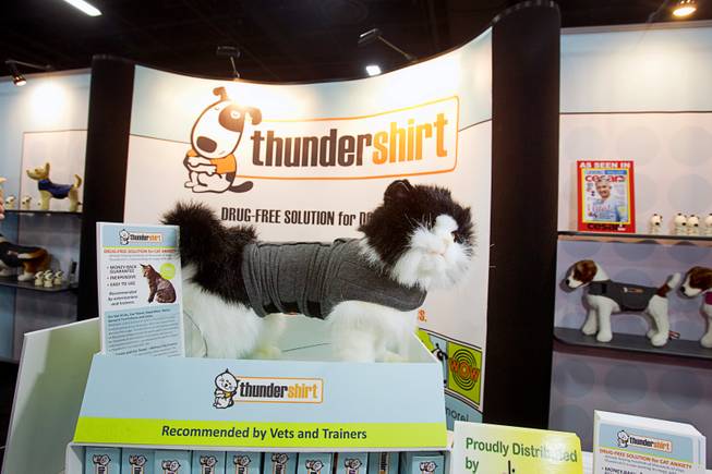 A Thundershirt  for cats is displayed during SuperZoo, a trade show for the pet industry, at the Mandalay Bay Convention Center Tuesday, Sept. 11, 2012. The product applies gentle, constant pressure to the torso. This pressure has a calming effect for cats if they are anxious or fearful. The company also makes a Thundershirt for dogs.