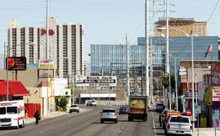 Looking north up Main Street during a bus tour of downtown Las Vegas real estate projects on Thursday, September 13, 2012.