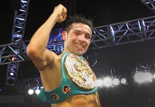 Sergio Martinez of Argentina celebrates his victory over WBC middleweight champion Julio Cesar Chavez Jr. of Mexico after their title fight at the Thomas & Mack Center on Saturday, Sept. 15, 2012.