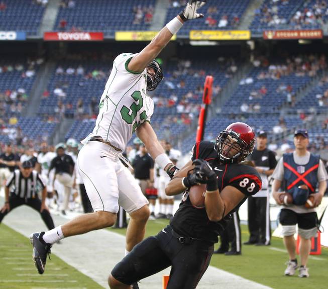 San Diego State's Gavin Escobar (right) hauls in a touchdown pass during in the Aztecs' 49-41 victory against North Dakota on Saturday, Sept. 15, 2012, in San Diego.