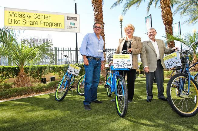 From left, Rich Worthington, president and CEO of the Molasky Group of Companies, Las Vegas Mayor Carolyn Goodman and Irwin Molasky, chairman of the Molasky Group, are shown at an event to introduce a bike-share program, Sept. 21, 2012.