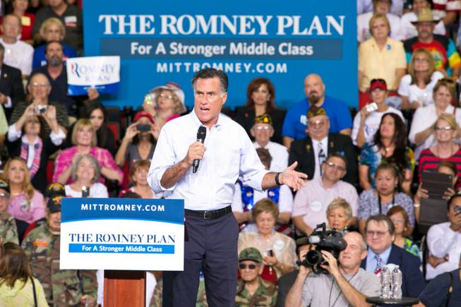 Presidential hopeful Mitt Romney speaks to supporters during a rally at the Cox Pavilion, UNLV, Friday Sept. 21, 2012.