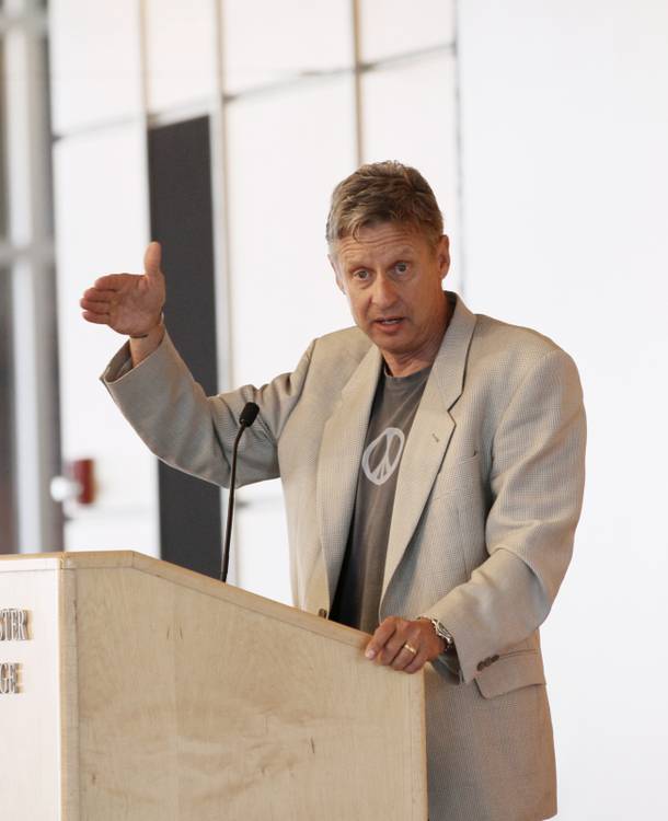Gary Johnson, the Libertarian Party candidate for president, greets former Minnesota Gov. Jessie Ventura,  at Macalester College Friday, Sept. 21, 2012 in St. Paul, Minn. 