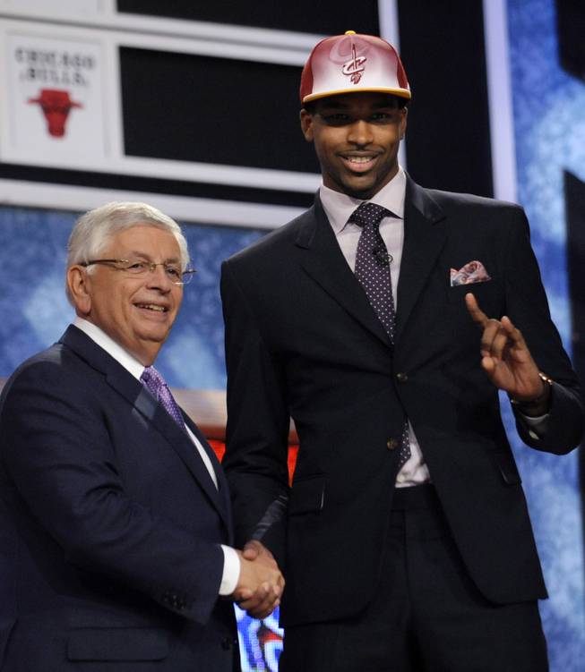 Former Findlay Prep forward Tristan Thompson, right, greets NBA Commissioner David Stern after being selected fourth overall by the Cleveland Cavaliers in the 2011 NBA draft. Thompson was the first of three Pilots taken in the draft, including Texas teammate Cory Joseph to the San Antonio Spurs at No. 29 and DeAndre Liggins out of Kentucky to the Orlando Magic at No. 53.