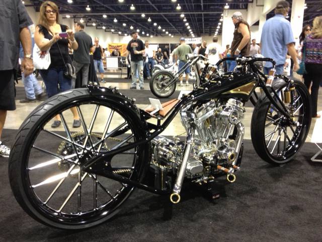 Shaun Ruddy, of Las Vegas, won the People's Choice Award for his stripped-down low-rider, which takes its design cues from World War I-era motorized bicycles.