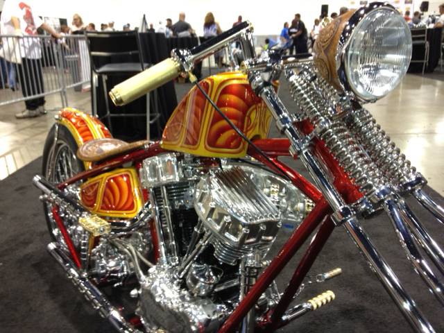 Gleaming gold and brass highlights, metal-flake paint and custom-tooled leather adorn Paul Cavallo's entry. Cavallo operates California-based Spitfire Motorcycles.