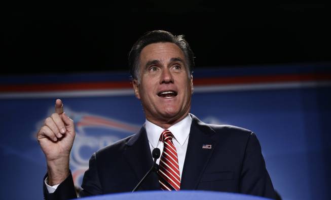 Republican presidential candidate former Massachusetts Gov. Mitt Romney speaks at a Colorado Conservative Political Action Committee (CPAC) meeting in Denver, Thursday, Oct. 4, 2012.