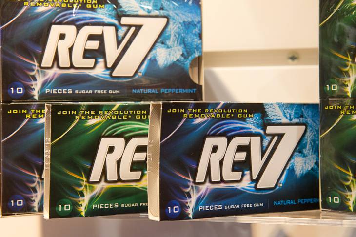 Rev7, a new chewing gum, is displayed during the annual National Association of Convenience Stores (NACS) trade show at the Las Vegas Convention Center Monday, Oct. 8, 2012. The gum stays soft longer than other gums and is degradable, a representative said.