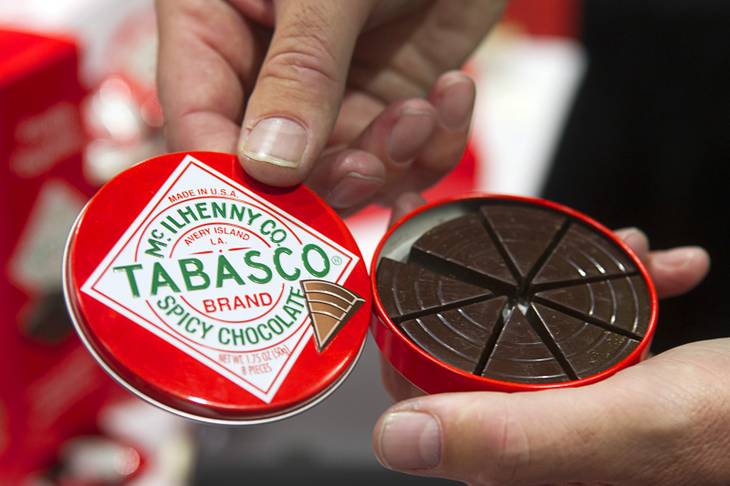 A tin of Tabasco chocolate is displayed during the annual National Association of Convenience Stores (NACS) trade show at the Las Vegas Convention Center Monday, Oct. 8, 2012.