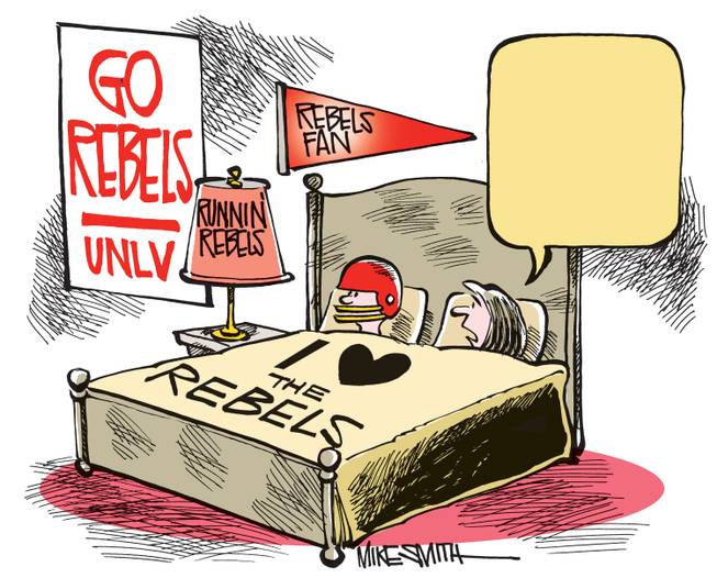 What is the wife of this UNLV Rebels fan saying? You get to fill in the blank in the Smithereens Cartoon Caption Contest.