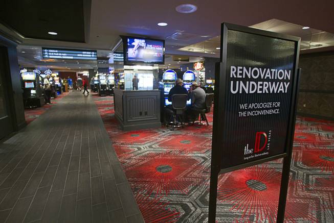 A sign gives notice of renovation work at the D Las Vegas in downtown Las Vegas Tuesday, Oct. 9, 2012. The casino, formerly Fitzgeralds, is celebrating it's rebranding and renovation with festivities this weekend.