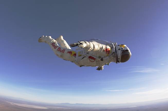 In this 2010 photo provided by Red Bull Stratos, Felix Baumgartner makes a 25,000-foot high test jump for Red Bull Stratos.