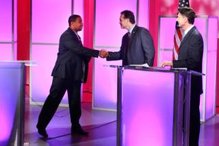 Fourth Congressional District  candidates Steven Horsford and Danny Tarkanian shake hands after a debate sponsored by Vegas PBS Thursday, Oct. 11, 2012.