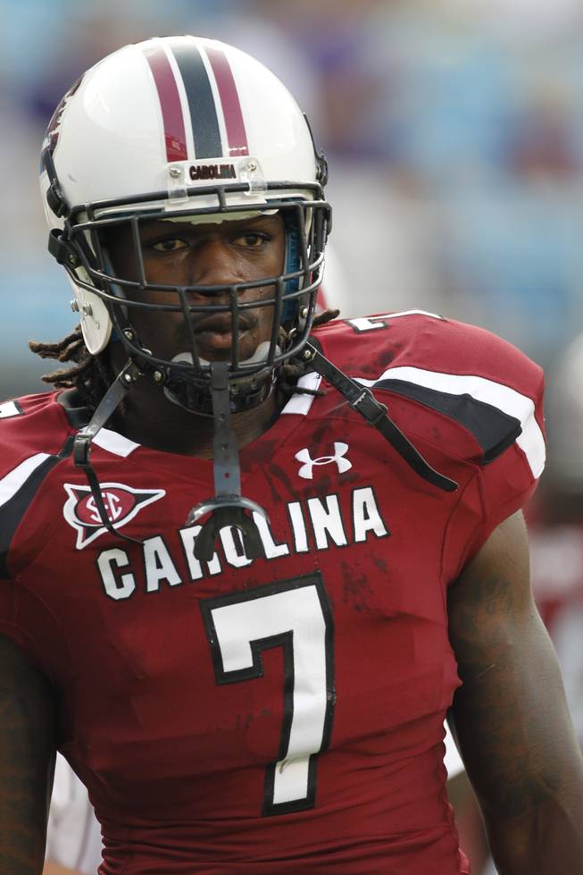 South Carolina Gamecocks's Jadeveon Clowney (7) warms up before a NCAA college football game against East Carolina in Charlotte, N.C., Saturday, Sept. 3, 2011. South Carolina defeated East Carolina 56-37. 