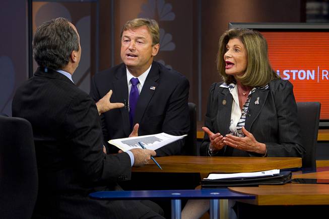 Dean Heller and Shelley Berkley, candidates for Nevada's U.S. Senate seat, debate on the "Ralston Reports" television program at the KSNV-Channel 3 studios Monday, Oct. 15, 2012.