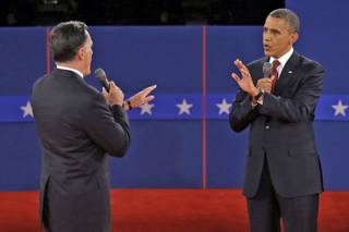 President Barack Obama and Republican presidential candidate Mitt Romney participate in the second presidential debate at Hofstra University in Hempstead, N.Y., Tuesday, Oct. 16, 2012.
