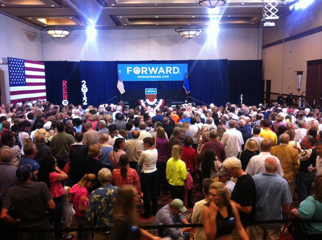 A modest-sized crowd awaits Vice President Joe Biden's arrival at the Reno Ballroom. 