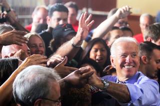 Vice President Joe Biden greets the crowd after a rally at the Culinary Academy in Las Vegas on Thursday, October 18, 2012.