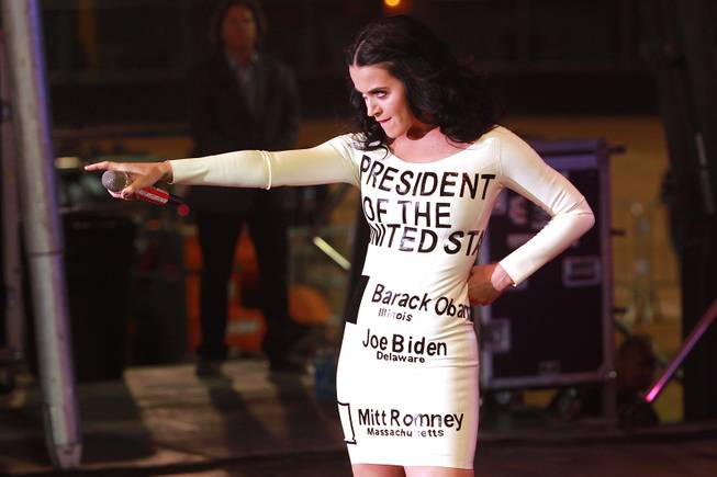 Singer Katy Perry performs during a campaign event for President Barack Obama Wednesday, Oct. 24, 2012 at Doolittle Park. An estimated 13,000 turned out for his ninth visit to Nevada this year.