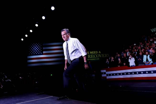 Republican presidential candidate, former Massachusetts Gov. Mitt Romney arrives at an election campaign rally at the Reno Event Center in Reno, Nev., Wednesday, Oct. 24, 2012. 