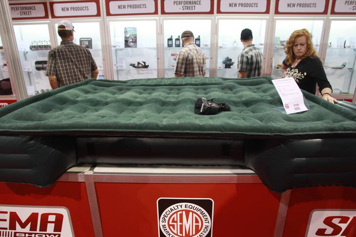 An air bed for the back of a truck is seen on display at the SEMA show Tuesday, Oct. 30, 2012.