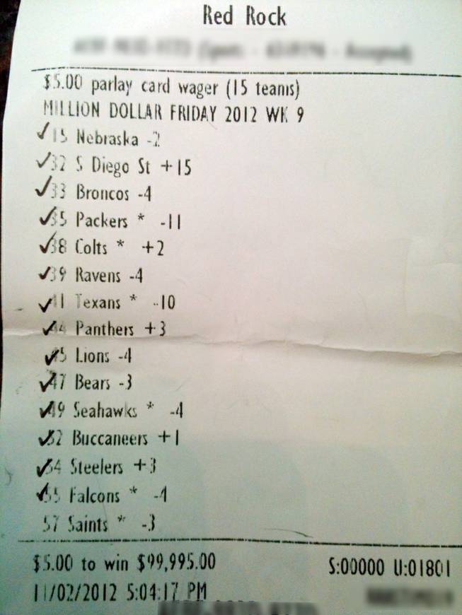 An unidentified woman cashed this betting slip in for $100,000 after hitting a 15-team parlay this weekend. 