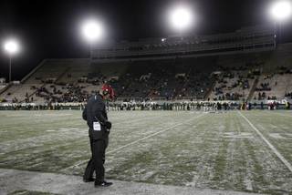 UNLV head coach Bobby Hauck reacts as his team fails to convert on a third-down play in the red zone against Colorado State in the fourth quarter of Colorado State's 33-11 victory in an NCAA college football game in Fort Collins, Colo., Nov. 10, 2012.