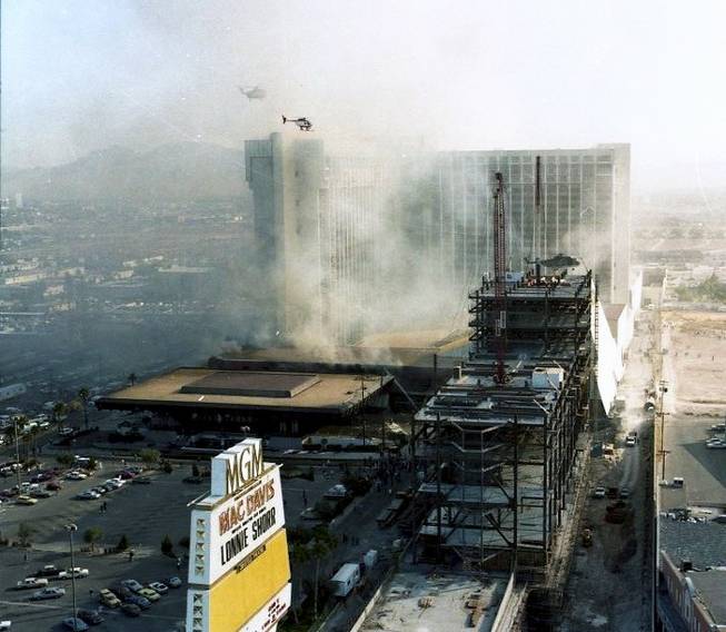 A view of the MGM Grand during the Nov. 21, 1980, fire as seen from the Las Vegas Strip side of the casino.