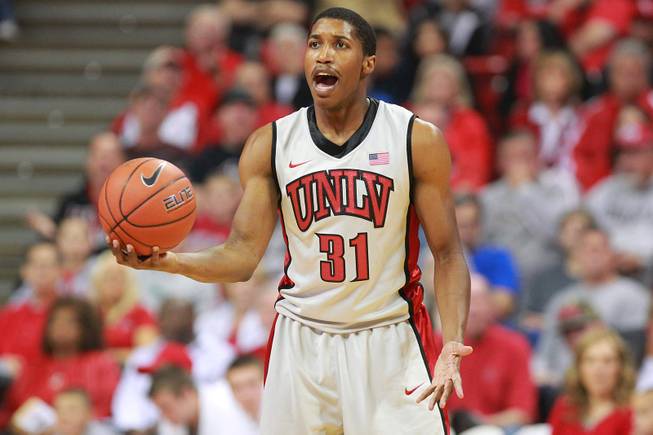 UNLV guard Justin Hawkins argues a call during their game against Jacksonville State Saturday, Nov. 17, 2012 at the Thomas & Mack. UNLV won 77-58.