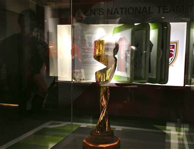 The 1999 World Cup women's trophy won by the U.S. is on display at Score!, the interactive sports fantasy exhibit at the Luxor in Las Vegas.