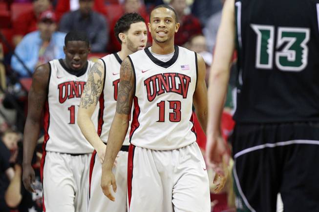 From left, UNLV forwards Anthony Bennett, Carlos Lopez-Sosa and Bryce Dejean-Jones head to the bench for a time out during their game against Hawaii Saturday, Dec. 1, 2012 at the Thomas & Mack. UNLV won 77-63
