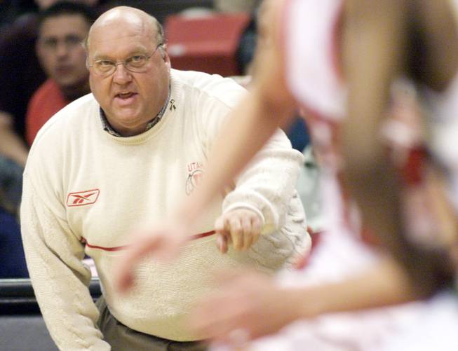 Utah coach Rick Majerus directs his team during the Mountain West Conference Championship game against Colorado State March 7, 2002, at the Thomas & Mack Center. 