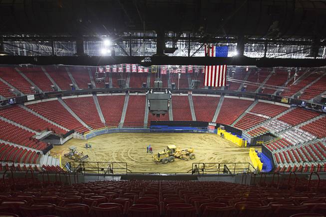 1:30 p.m. - Most of the dirt work is finished on the arena floor as workers prepare the Thomas & Mack Center for the National Finals Rodeo Sunday, Dec. 2, 2012. This year's NFR begins Thursday, Dec. 6 and runs through Saturday Dec. 15.