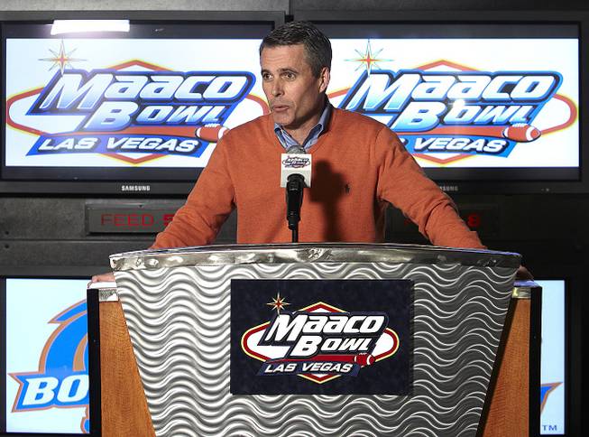 Boise State football coach Chris Petersen answers questions during The Maaco Bowl Las Vegas press conference  at The Sporting House inside the New York, New York  on December 6, 2012.